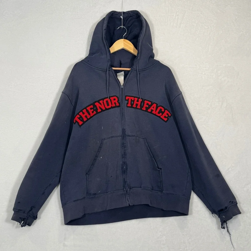 The North Face Navy Blue Distressed Arch Logo Zip Up Hoodie Large